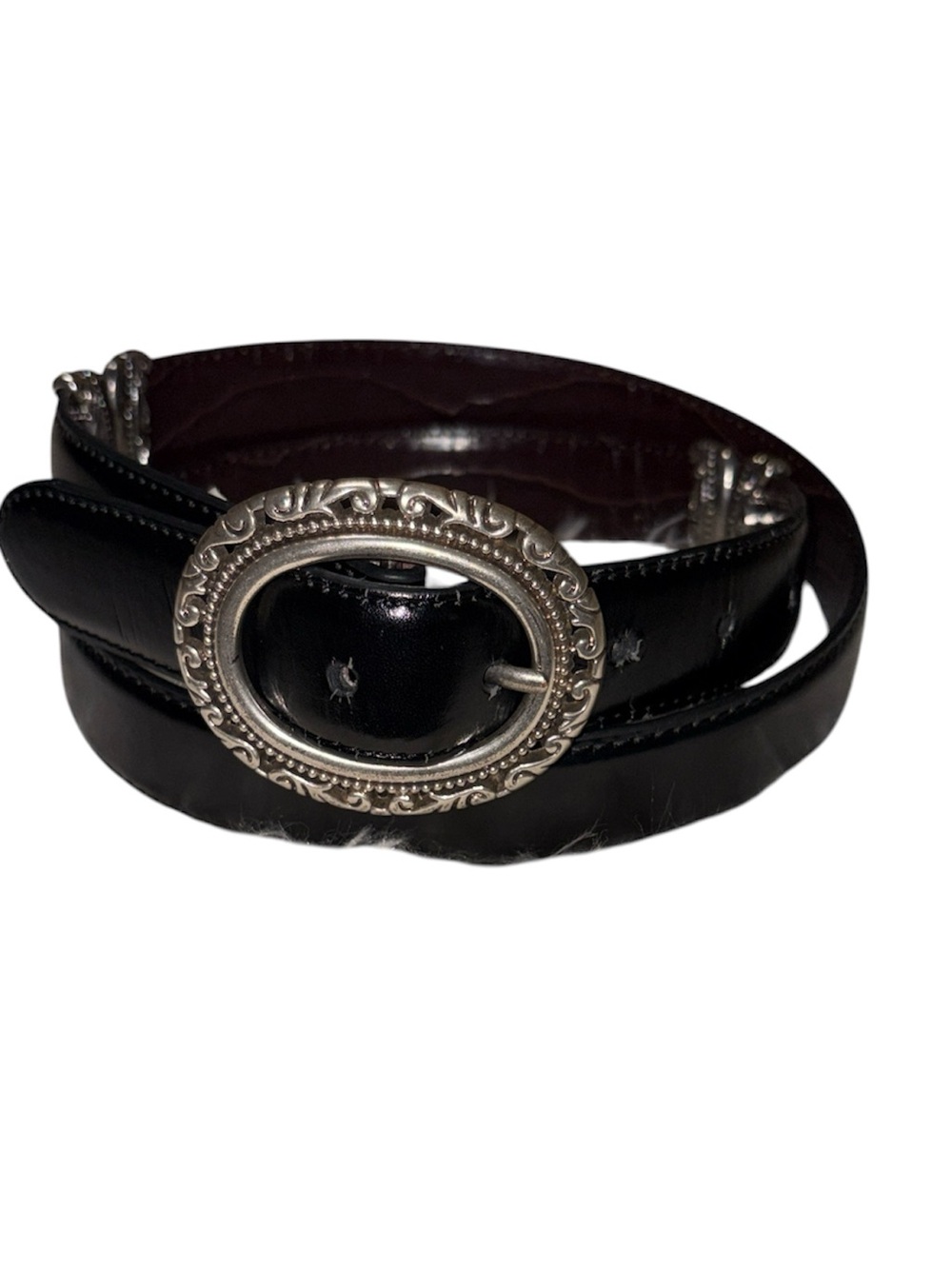 Reversible Black/Brown Faux Leather Belt with Decorative Silver-Tone Buckle